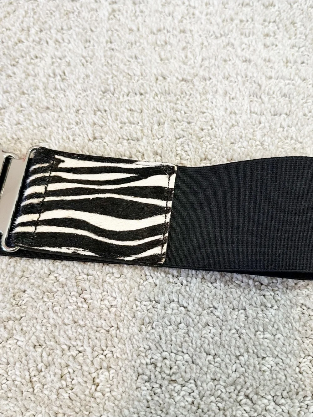 Zebra Print Calf Hair Leather Wide Stretch Statement Belt Size L Silver Buckle
